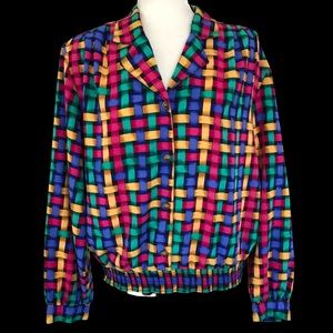 Eva Laurel Of New York 1980s Vintage Silky Blouse Top BRIGHT COLORFUL